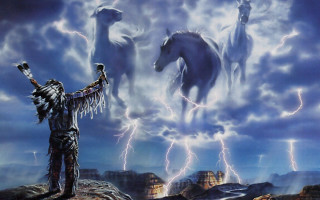 Man rock horses lightning sky - two horse free wallpaper