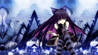Anime girl striped stockings bench - a bench in front free wallpaper