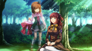 Anime girls sitting woods together - a bow tie free wallpaper