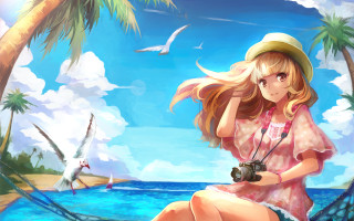 Girl beach camera birds flying - plein air free wallpaper