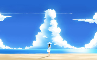 Woman beach sky clouds e - overhead free wallpaper
