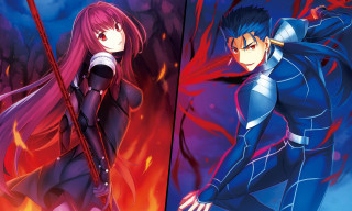 Anime characters blue red swords - opposite direction free wallpaper