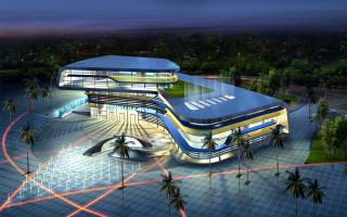 Futuristic building circular walkway fountain - 3 d free wallpaper for desktop