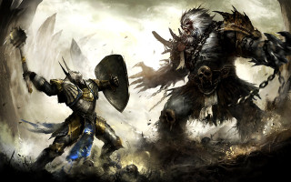 Men armor fighting cave demon - a dark cave free wallpaper for desktop
