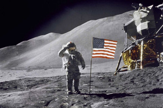 Man standing moon flag space - the moon next free wallpaper