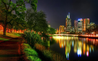 City skyline night water path 2 - the waters edge free wallpaper