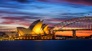 Large building bridge sunset boat - elizabeth durack free wallpaper