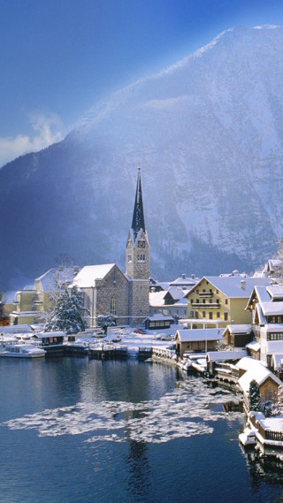 Snowy town church hill water - beautiful free wallpaper for mobile