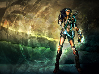 Woman sword painting landscape waves - game art free wallpaper for desktop