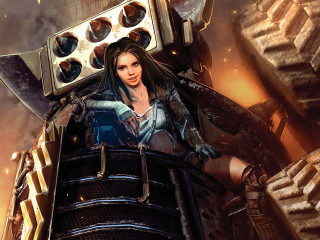 Futuristic woman suit gun machine - huge free wallpaper for desktop