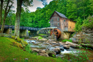 Wooden water mill forest bridge - underneath free wallpaper for desktop