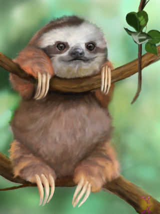 Sloth sitting branch leaf mouth - ultra realistic digital art free wallpaper for mobile