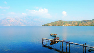 Boat pier lake mountains blue - a pier free wallpaper