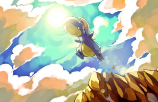 Cartoon character flying mountains clouds - brom free wallpaper