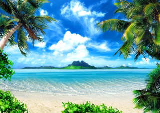 Tropical beach palm mountains blue - a tropical beach free wallpaper