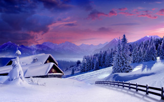 Snowy cabin fence mountain landscape - beautiful landscape free wallpaper