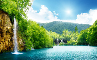 Waterfall lake trees mountains background 4 - tree and mountains free wallpaper