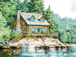 Log cabin lake dock boat - kinkade free wallpaper