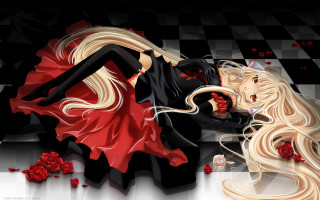 Women laying checkered floor roses - anime art free wallpaper