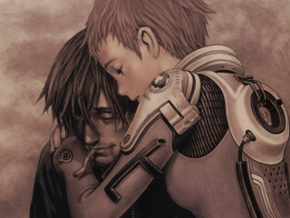 Man woman hugging gun robot - their shoulder free wallpaper