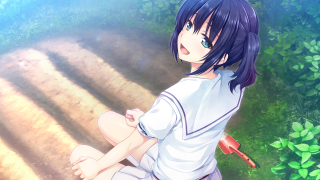 Girl sitting forest knife hand - the ground in front free wallpaper