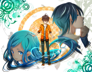 Anime couple blue green orange - swirl free wallpaper