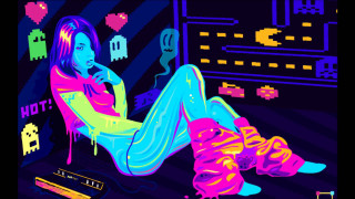 Woman sitting floor computer screen - game art free wallpaper