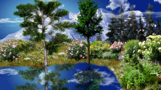 Pond trees flowers mountain clouds - anne nasmyth free wallpaper for desktop