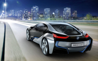 Bmw concept car night highway 2 - the background and a city skyline free wallpaper