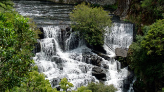 Waterfall bench trees nature serenity - waterfall free wallpaper for desktop