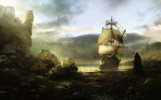 Ship rocky castle man shore - bastien lecouffedeharme free wallpaper