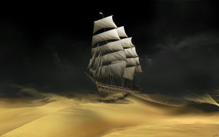 Ship sailing desert dark sky - the background and a bird free wallpaper