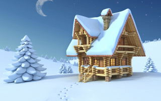 House snow tree moon blue - 3 d free wallpaper for desktop