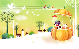 Cartoon girl pumpkin basket birds - chen chun free wallpaper for desktop