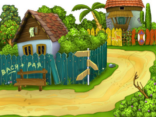 Village cartoon road sign fence - a cartoon free wallpaper for desktop