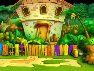 Cartoon house garden fence path - digital art free wallpaper