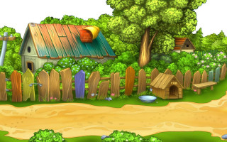 Cartoon small house woods fence - a dirt path free wallpaper