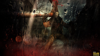 Man standing rain umbrella window - red light free wallpaper