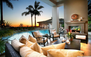 Living room fireplace pool sunset 2 - elbridge ayer burbank free wallpaper