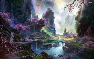 Waterfall forest trees flowers painting - matte fantasy painting free wallpaper