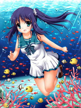 Girl sailor outfit swimming ocean - anime art free wallpaper for mobile