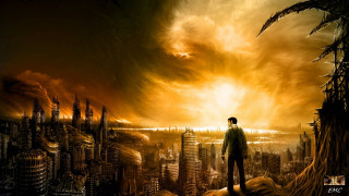 Man cliff city fireball sky - apocalyptic free wallpaper