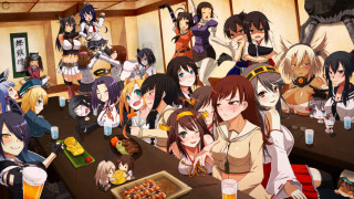 Anime girls table drinks food 2 - a group of anime girls sitting free wallpaper