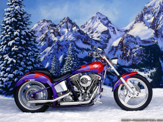 Motorcycle parked snow mountain scene - oil painting free wallpaper