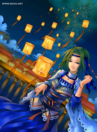 Woman blue dress lanterns sky - egyptian art free wallpaper for mobile