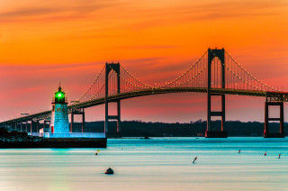 Bridge water lighthouse red sky - a red sky free wallpaper