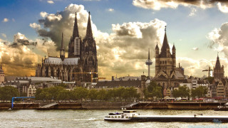 Boat river city skyline church - german romanticism free wallpaper