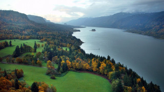 Autumn lake trees cloudy sky - a scenic view of a lake free wallpaper