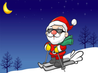 Cartoon santa skiing fullmoon night - a half moon in the sky free wallpaper