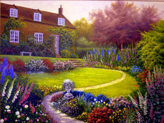 Garden house path flowers painting - thomas kindkade free wallpaper